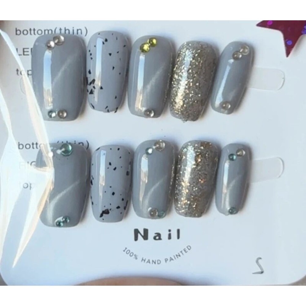 Blue/Gray Glitter Rhinestone Short Square Press On Nails Size Small